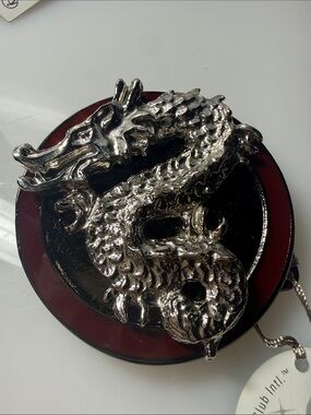 ECI Silver Dragon Round Belt Buckle with Black and Dark Red Enamel